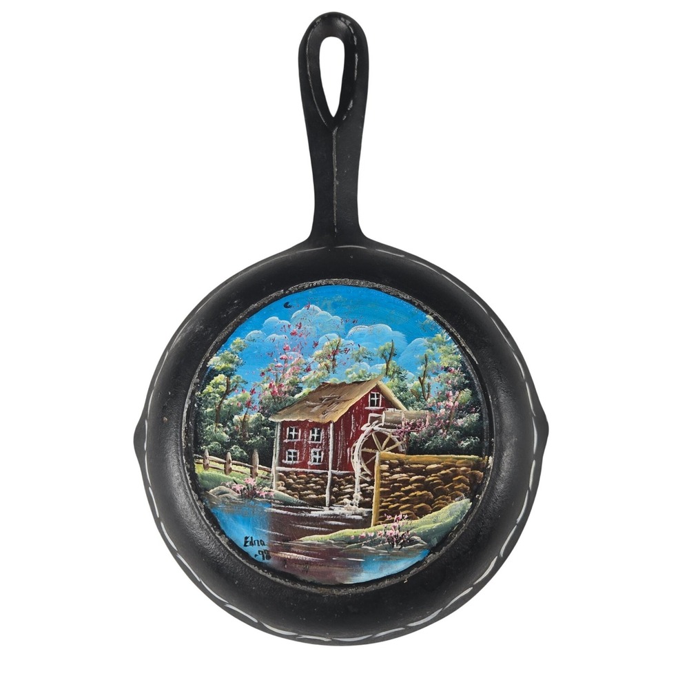 Vintage Amish Cast Iron Skillet Hand Painted Water Mill Landscape Signed Edna 98